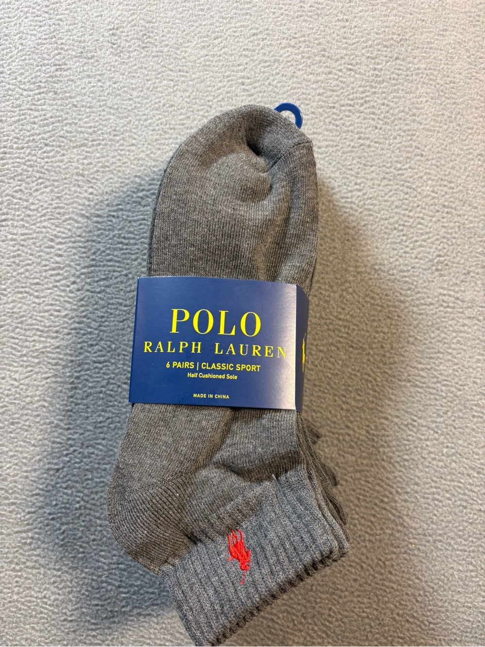 Ralph Lauren Gray Athletic Ankle Socks with Red Pony Logo - 6 Pack
